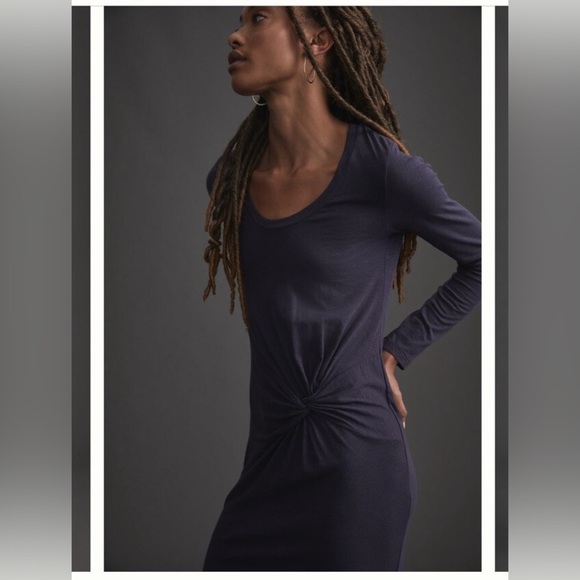 ANTHROPOLOGIE Sundry Twist-Front Side Slit Navy Blue Long Sleeve Midi Dress 2/M - Picture 4 of 12